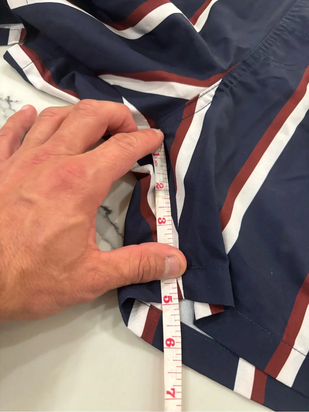 Navy Vertical Stripe Men's Swim Trunks with Red & White Accents